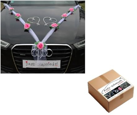 Organza M + Herzen Braut Paar Rose Deko Dekoration Autoschmuck Hochzeit Car Auto Wedding Deko Ratan Girlande ®Auto-schmuck PKW (Rosa/Weiß/Weiß)