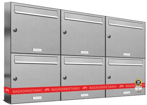 AL Briefkastensysteme 6er Briefkastenanlage Edelstahl, Premium Briefkasten DIN A4, 6 Fach Postkasten modern Aufputz