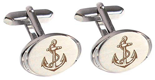 Anker Manschettenknöpfe maritim oval silbern matt-glänzend bräunlicher Gravur + Geschenkbox - edles Accessoire für Hemd mit Umschlagmanschette