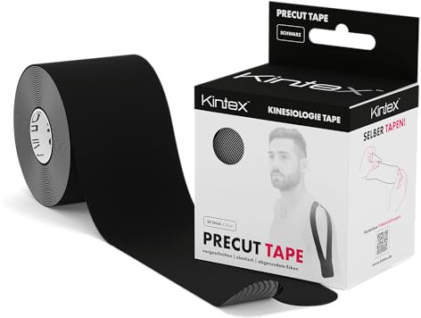 Kintex Kinesiologie Tape vorgeschnitten, 20 Tape-Streifen á 25 cm x 5 cm, PreCut Tape, hautfreundlich, wasserfest, für Sport & Physiotherapie (Schwarz)