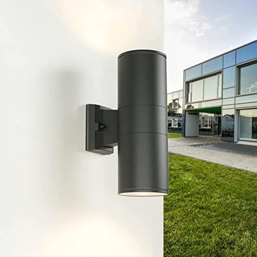 Licht-Erlebnisse Wandleuchte Up Down Aluminium Glas in Anthrazit IP44 Balkon Haus H:30,5 cm E27 Modern 2-flammige Außenwandlampe Garten STENDAL