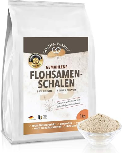 GOLDEN PEANUT Flohsamenschalen Pulver 95% 1kg, Psyllium Mehl, Premium Produkt, glutenfrei ballaststoffreich Kochen, Backen