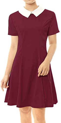 Allegra K Disfraz de Navidad para Mujer, Peter Pan, Cuello de muñeca en Contraste, Manga Corta, por Encima de la Rodilla, Vestido Acampanado, Granate, 36