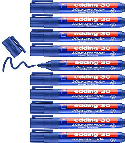 edding 30 Brillant-Papiermarker - blau - 10 Permanent Marker wasserfest - Rundspitze 1,5-3 mm - leuchtende Farben - lichtbeständige Markierung auf Papier, Karton, Kunststoff, Metall oder Glas