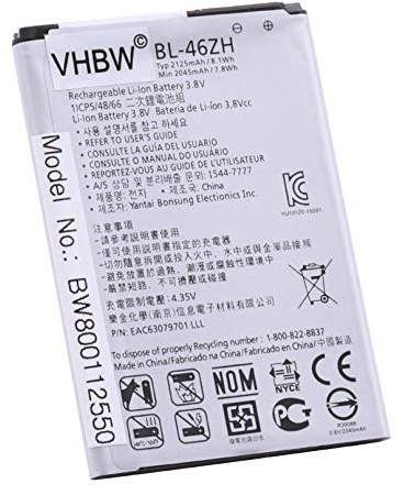 vhbw Akku kompatibel mit LG K7 Dual SIM | K7 Dual SIM TD-LTE, K7 HSPA, K7 LTE, K8, K8 4G, K89 Handy Smartphone Telefon (2125 mAh, 3,8 V, Li-Ion)