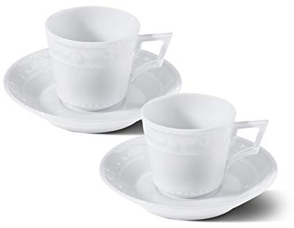 KPM Berlin KURLAND Espresso-Set 4 tlg, Porzellan, klassizistische Espressotassen mit Untertassen, handmade, weiß