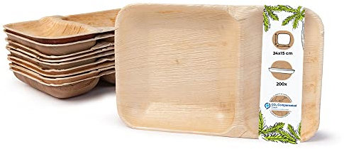 BIOZOYG Palmware - Platos de hojas de palma I Plato de menú desechable de 200 piezas hecha de hoja de palma rectangular de 24x15cm con 2 compartimentos separados
