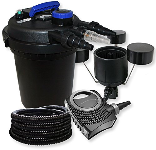 SunSun Komplettset: CPF-180 Teichdruckfilter bis 6000 L mit 11 Watt UV-C Teichklärer, CTF-8000 SuperECO Teichpumpe 8000l/h 70W, 25m Teichschlauch 25 mm, CSP-250 Schwimmskimmer mit Pumpe 2500l/h 45W