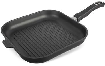 Original Gundel GUSS-QUADRAT-GRILLPFANNE INDUKTION flach, 28 x 28 cm, Höhe 4 cm, BIOTAN-Oberfläche, PFOA-frei, Akku-Therm Boden - abnehmbarer Designer-Stiel
