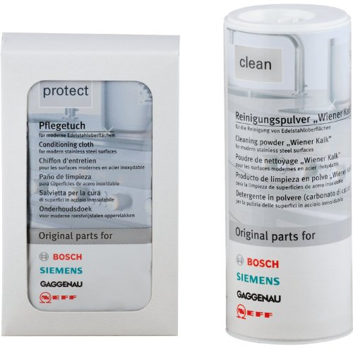 Bosch/Siemens 311140 Edelstahlpflegeset, 100 g Reinigungspulver, 5 Pflegetücher