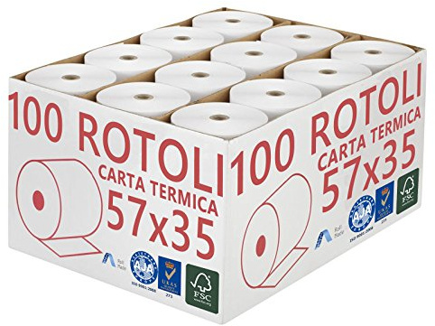 Confezione 100 Rotoli Termici mm 57x35 mt Omologati per Registratore di Cassa Carta Termica 1^ Qualità