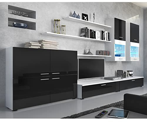 Skraut Home | Mueble para Salón | 189 x 300 x 42 cm | Sistema de Iluminación LED | Modelo Beta | Gran Capacidad de Almacenaje | Estilo Moderno | Acabado Blanco/Negro