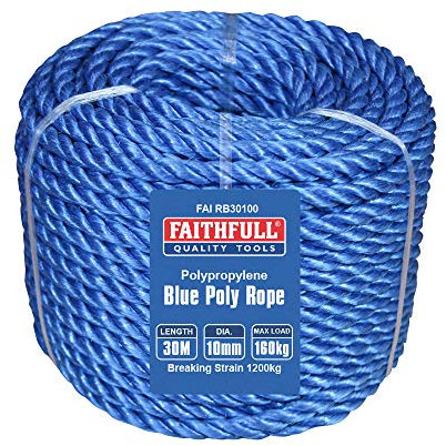 Faithfull FAIRB30100 Blue Poly Rope Coil 10mm Dia x 30M Max Load 160kg, Breaking Strain 1000kg