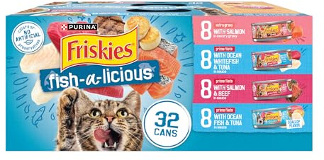 Purina Friskies Wet Cat Food Variety Pack Fish-A-Licious Extra Gravy, Prime Filets and Tasty Treasures - (Pack of 32) 5.5 oz. Cans