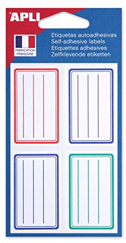 APLI 101096 - Pochette 24 étiquettes scolaires lignées bleues/rouges/vertes - 36 x 56 mm - Coins arrondis