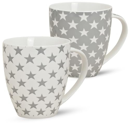 matches21 Grande tasse à café jumbo tasses à café star gris blanc lot de 2 en porcelaine de 12 cm de hauteur / 600 ml