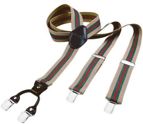 DonDon Bretelle da uomo eleganti extra forti 3,5 cm con 4 clip e toppa in pelle marrone a righe beige