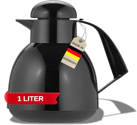 Helios Day Thermoskanne Schwarz 1L 6h Heiß - Hält Getränke heiß & kalt – Inkl. Teebeutelhalterung – Einfache Reinigung - Geeignet für Tee & Kaffee
