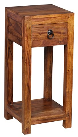 FineBuy Beistelltisch 30x30x68 cm Sheesham Massivholz mit Schublade | Telefontisch aus Echtholz, schmaler Wohnzimmertisch hoch, als Blumenhocker und Nachttisch nutzbar, handgefertigt