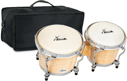 XDrum Bongos Pro Natur Set inkl. Bongotasche, Bongogrößen: 6, 5 (20 cm) | 2 Trommeln (macho und hembra), 5 (17 cm) und 7, 5 (20 cm), Naturfelle, Holz: Birke, Verchromte Hardware, 5 x 41 x 21 cm
