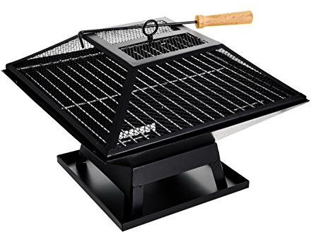 FiNeWaY Square Firepit & BBQ Grill - Square Outdoor Patio Heater WIth Mesh Cover & Poker - 2-in-1 Portable Patio Heater - Perfect For Garden, Picnic, Camping, Park