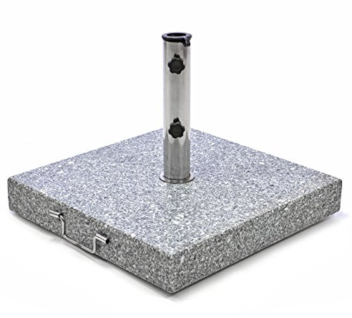 NEXOS Eckiger Sonnenschirmständer aus Granit - Farbe: grau meliert - 50 kg | mit Griff + Rollen + Reduzierhülsen, Edelstahlrohr poliert 50 x 50 cm - Für Schirme bis 4 m