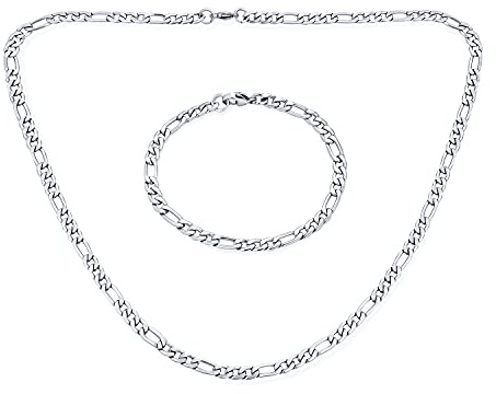Bling Jewelry Leichtes Gewicht Starkes 5MM Silberton Edelstahl Armband Halskette Flache Figaro Link Schmuck Set Für Männer Für Teenager