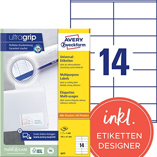 AVERY Zweckform 3477 Adressaufkleber (1.400 Klebeetiketten, 105x41mm auf A4, Papier matt, individuell bedruckbare Absenderetiketten, selbstklebende Adressetiketten mit ultragrip) 100 Blatt, weiß