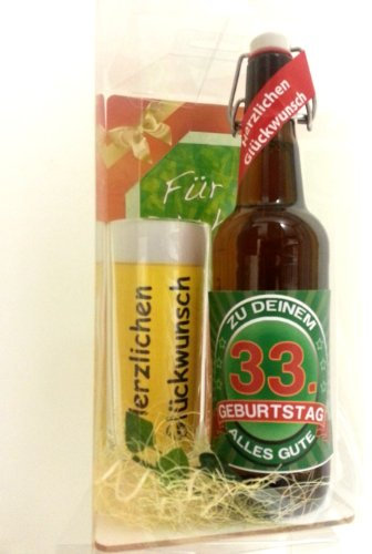 SünGross Geschenk Set, Bierset Bier Geschenk zum 33. Geburtstag das bei Frau und Mann Immer gut ankommt, Bierflasche mit Etikett, Glas Bierkrug und Geschenk Postkarte