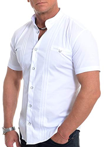 D&R Fashion Men's Shirt with Short Sleeve Grandad Collar and Decorative Vertical Lines, 3XL, White