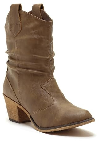 Charles Albert Modern Western Cowboy Boots for Women Ladies Stacked Heel Ankle Cowgirl Boots with Pull-Up Tabs in Mocha Size 8