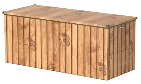 Duramax DH 1.7 (770 L) Kissenbox aus Metall mit hydraulischer Gasdruckfeder und Vorhängeschlossöse, Terrassenbox und Gartenmöbelaufbewahrung für den Außenbereich, Holzmaserung