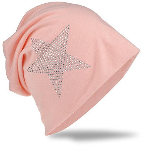 Miobo Jersey slouch beanie lång mössa stjärna med strass applikation unisex enfärgad män kvinnor trend, Lax, En Storlek