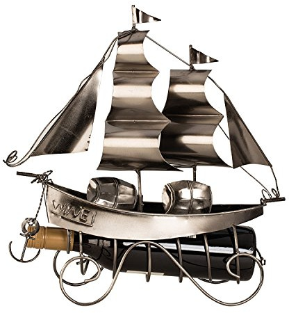 Unbekannt Moderner Wein Flaschenhalter Flaschenständer Segelschiff aus Metall in Silber Höhe 38,5 cm