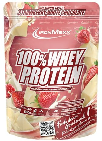 IronMaxx 100% Whey Protein Fraise Chocolat Blanc – Poudre de protéines de lactosérum hydrosoluble | Riche en protéines | Contient naturellement des BCAA | Faible en sucre | Proteine Whey - 500 gramme