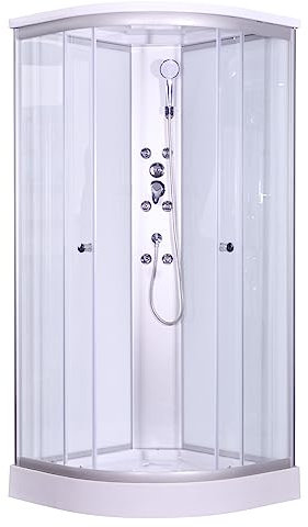 Duschkabine 90x90 weiß - Komplettdusche PUNTO Höhe 215 cm - Dusche komplett mit Duschkopf & Duschbrause mit 6 Massagedüsen - inkl Duscharmatur &14cm hohe Duschwanne - in weiß mit Glas-Schiebetür