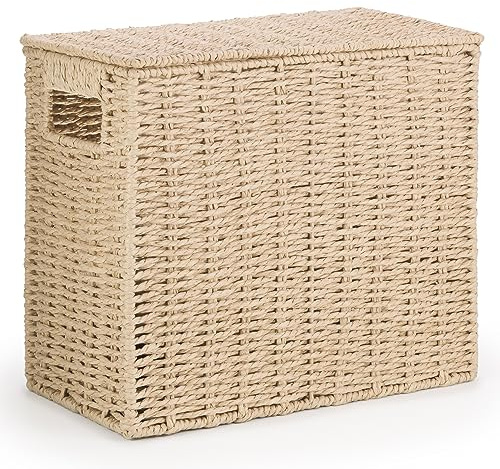 EHC Multi-Purpose Handwoven Slimline Paper Rope Bathroom Storage Unit, Toilet Roll Paper Cabinet, Compact Storage Box, Multi-Purpose Cleaning Caddy With Inbuilt Handles & Lid, Khaki, 35 x 18 x 30 cm