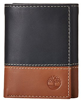 Timberland Men's Leather Trifold Wallet With Id Window, Black/Brown (Hunter), One Size
