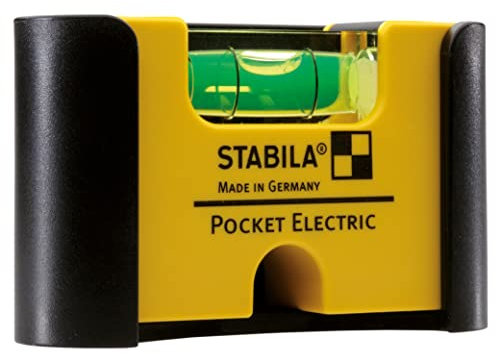 STABILA Mini-Wasserwaage Pocket Electric mit Gürtel-Clip, 7 cm, starker Seltenerd-Magnet, 1 Horizontal-Libelle, Made in Germany, Gelb