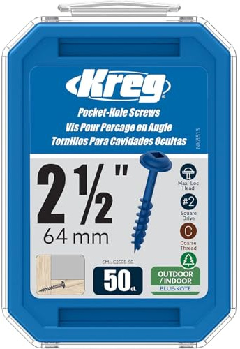 Kreg Blue-Kote Pocket-Hole Screws - SML-C250B-50 - Weather Resistant Pocket Screws - 2-1/2 Inch - Coarse Thread - Maxi-Loc Head - Outdoor - 50 Count