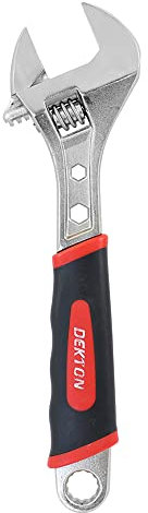 Dekton 12 Sure Grip Adjustable Spanner-1 1/2 Jaw Capacity| Straight Jaw Wrench| Printed Width Scale| Sure Grip-Non Slip Grip Handle for Comfort| Hardened and Tempered Steel| Bonus 19mm Ring Spanner