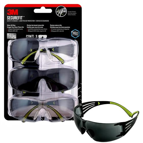 3M SecureFit 400 Safety Eyewear, 3 Pack, Multi Shaded Lenses (Clear + Mirror + Gray Lenses), Impact-Resistant Lens, Blocks 99.9% of UV, Anti Fog, Low Profile Design Safety Glasses (SF400-W-3PK-PS)