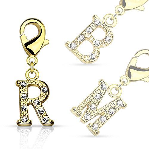 Bungsa R - Buchstaben Charm Gold 14 Karat Anhänger für Kette Armband Ohrringe Kristall Damen Herren (Kettenanhänger Pendant Beads A B C D E F G H I J K L M N O P Q R S T U V W X Y Z Brass Schmuck)