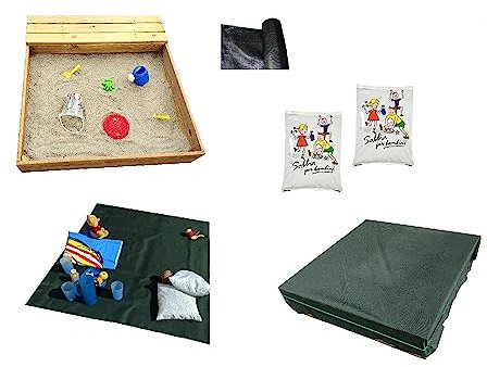Pachetto Sabbiera con deposito giochi chiuso con sedile in panca 50kg SABBIA IN OMAGGIO, coperta/telo pic-nic impermeabile e telo anti erbacce