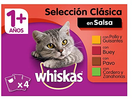 Whiskas Nassfutter für Katzen, Auswahl von Fleisch in Sauce, Multipack (13 x 4 Beutel x 100 g)