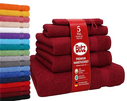 Betz Premium Frottier Handtuch-Set 5-teilig - 1x Liegetücher - 2X Handtücher - 1x Gästetücher - 1x Waschhandschuh - Farbe dunkelrot