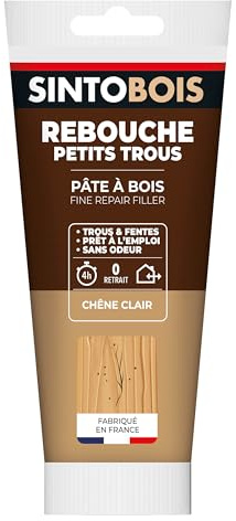 SINTO Pâte à bois chêne clair 250g | Rebouche trous et fissures jusqu'à 3mm, prêt à l'emploi, séchage en 4h sans retrait ni odeur, intérieur et extérieur
