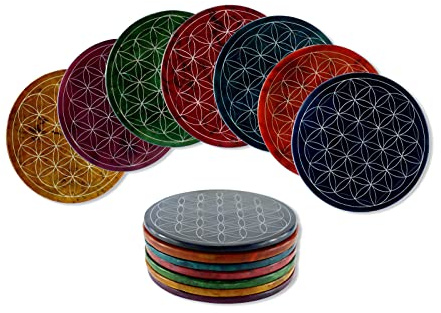 Budawi® Speckstein Untersetzer Set „Blume des Lebens“ – 7 Stück in Chakra-Farben | Handarbeit mit Gravur, runde Tischdeko & spiritueller Wandschmuck