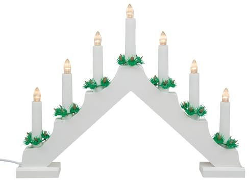 Idena 31837 - LED Adventsleuchter mit 7 LED Kerzenlichtern in Warmweiß, Schwibbogen aus weiß lackiertem Holz, mit Ersatzlampe und Schalter, Deko für Innen, als Winter-, Advents- und Weihnachtsdeko