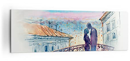 Moderne Impression sur Toile 160x50cm Image Tableau Decoration Murale Couple Amour Ville Pont Grand Tableaux Decoratifs Muraux Chambre Panoramique Deco Cadre Décoration Salon Art Wall AB160x50-2998